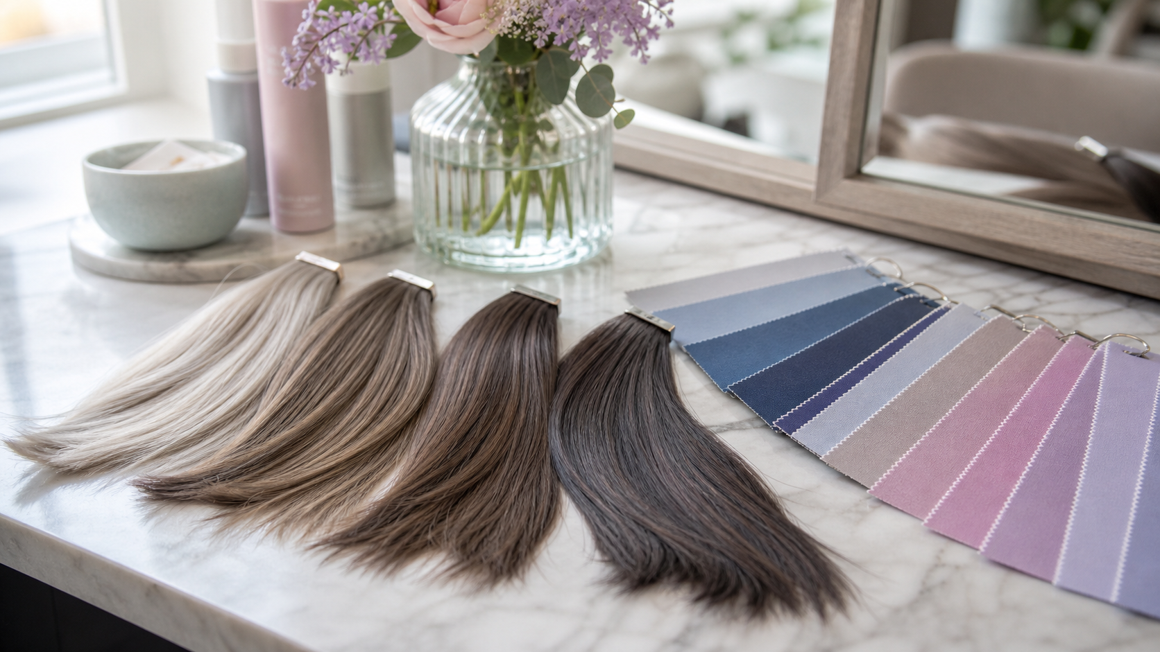 Cool Summer Hair Colors: Ash, Beige, and Soft Brown Ideas editorial color analysis hair swatch visual