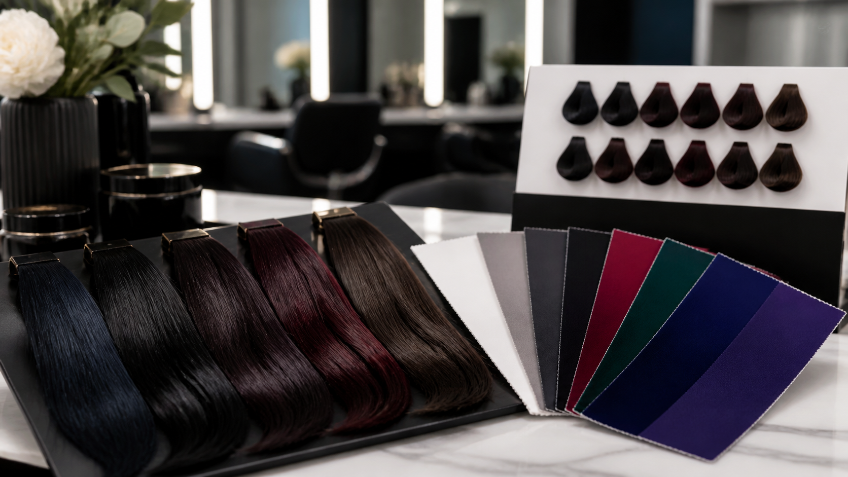Deep Winter Hair Colors: High-Contrast Shades That Work editorial color analysis hair swatch visual