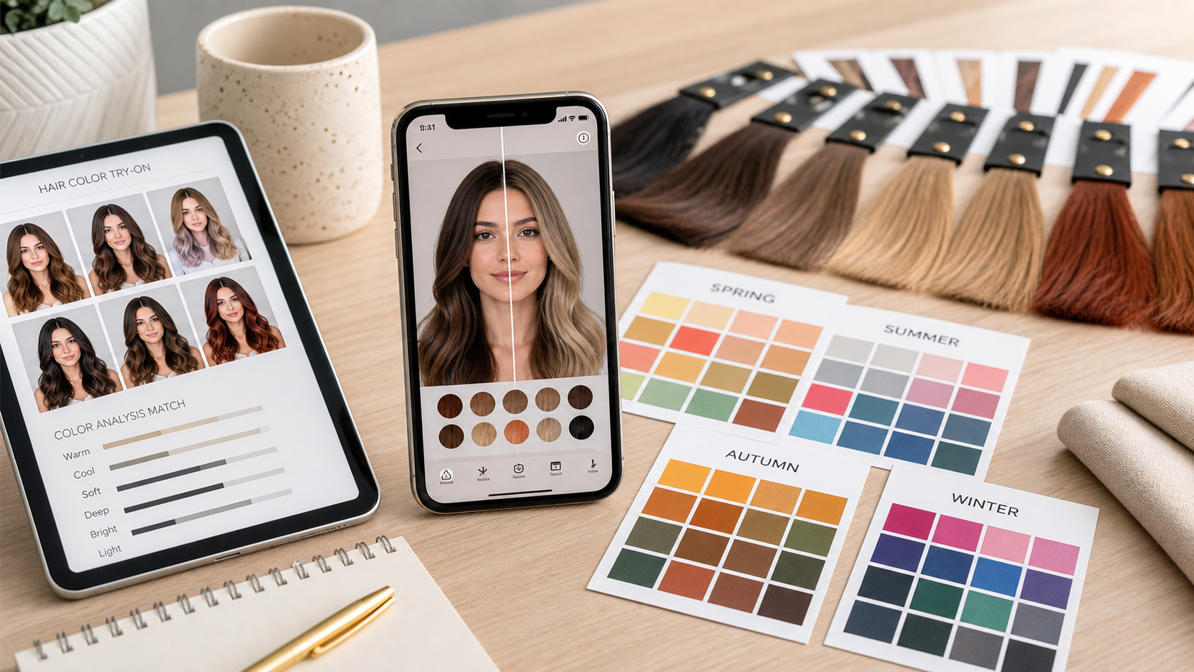 Hair Color Try-On vs Color Analysis: What Each Tool Gets Right editorial color analysis hair swatch visual