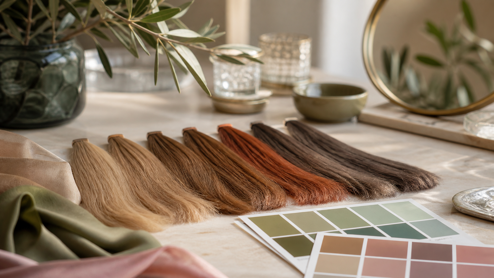 Hair Colors for Pale Olive Skin: Soft Shades That Stay Balanced editorial color analysis hair swatch visual